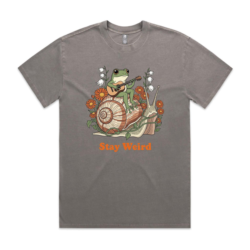 Stay Weird, Guitar Playing Frog On A Snail AS Colour Heavy Faded Tee Unisex Faded grey Heavy Faded T-shirt animal Music Printed In Australia