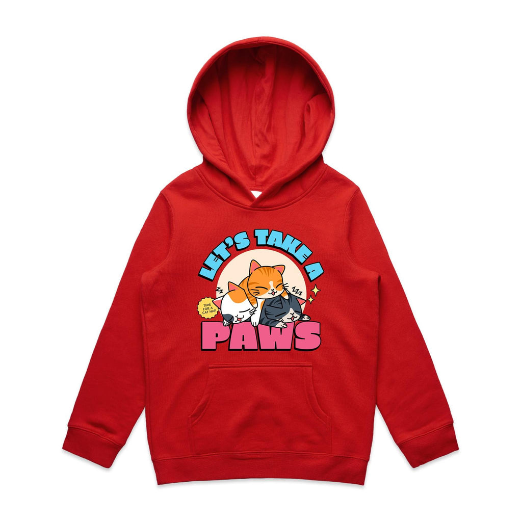 Cat Nap, Let's Take A Paws - Kids Hoodie Red Kids Hoodie Printed In Australia