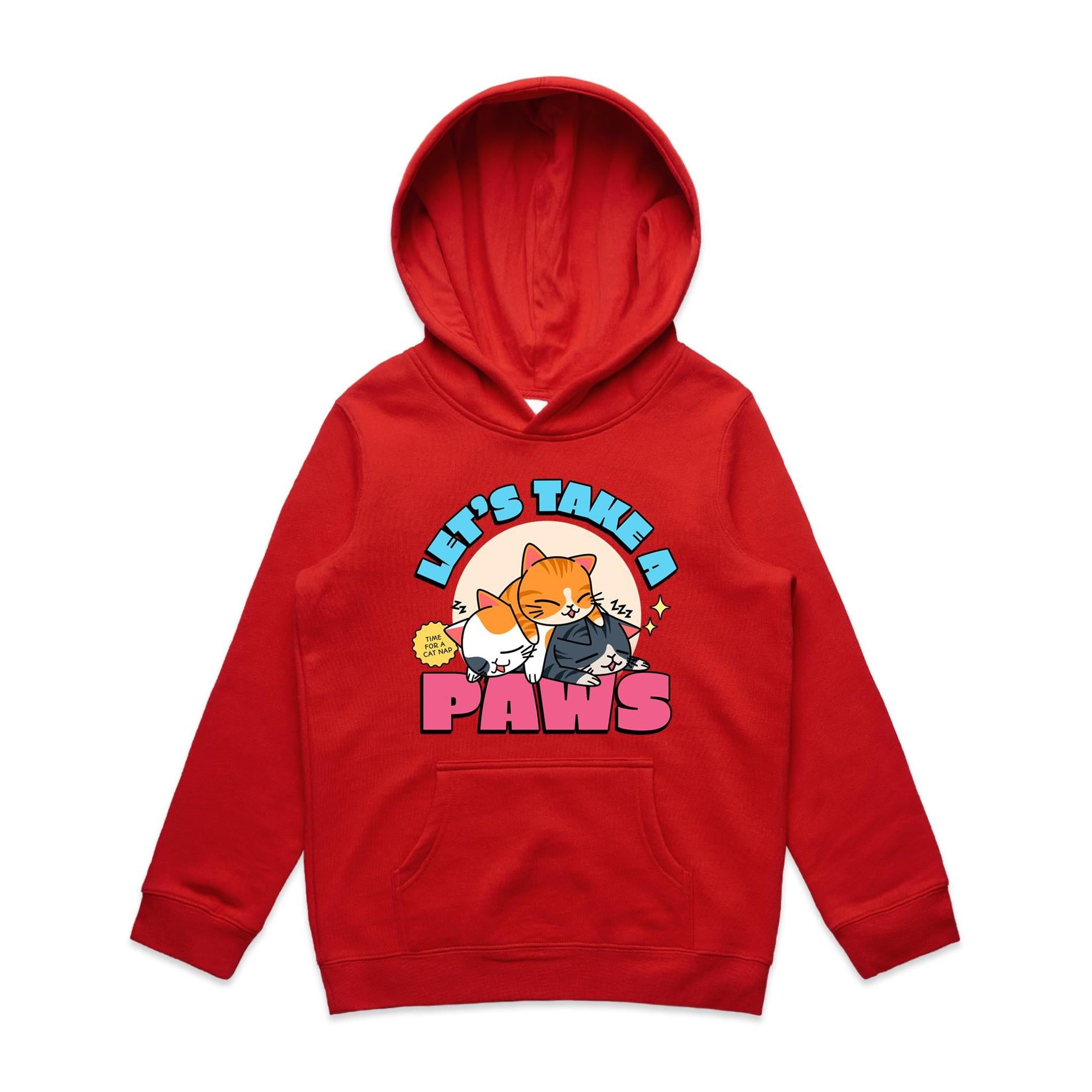 Cat Nap, Let's Take A Paws - Kids Hoodie Red Kids Hoodie Printed In Australia