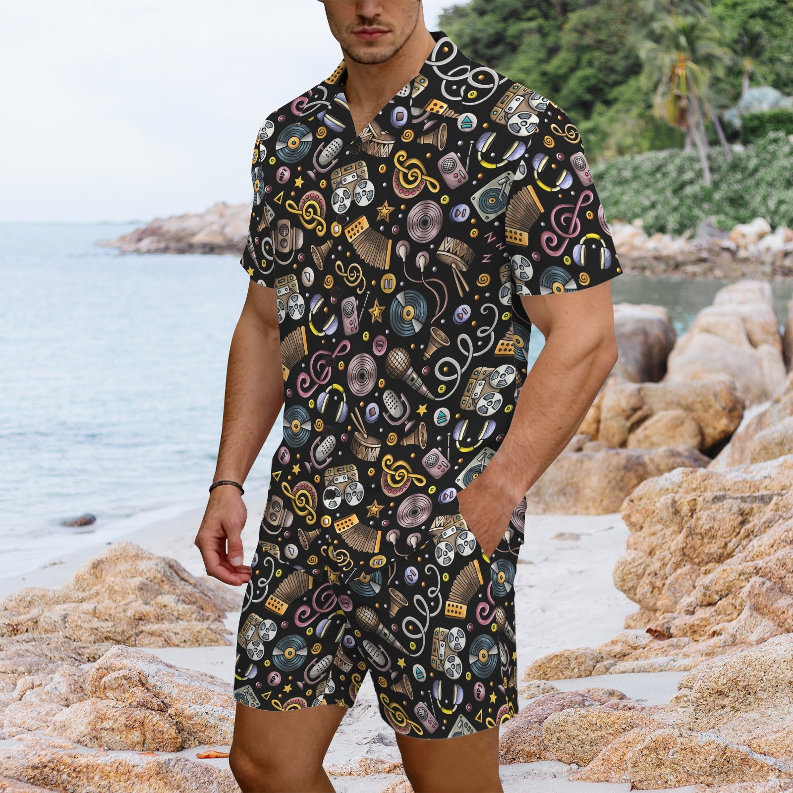 Retro Music Mix Men's Hawaiian Shirt & Shorts Set Men's Hawaiian Shirt & Shorts Set Music Printed Offshore