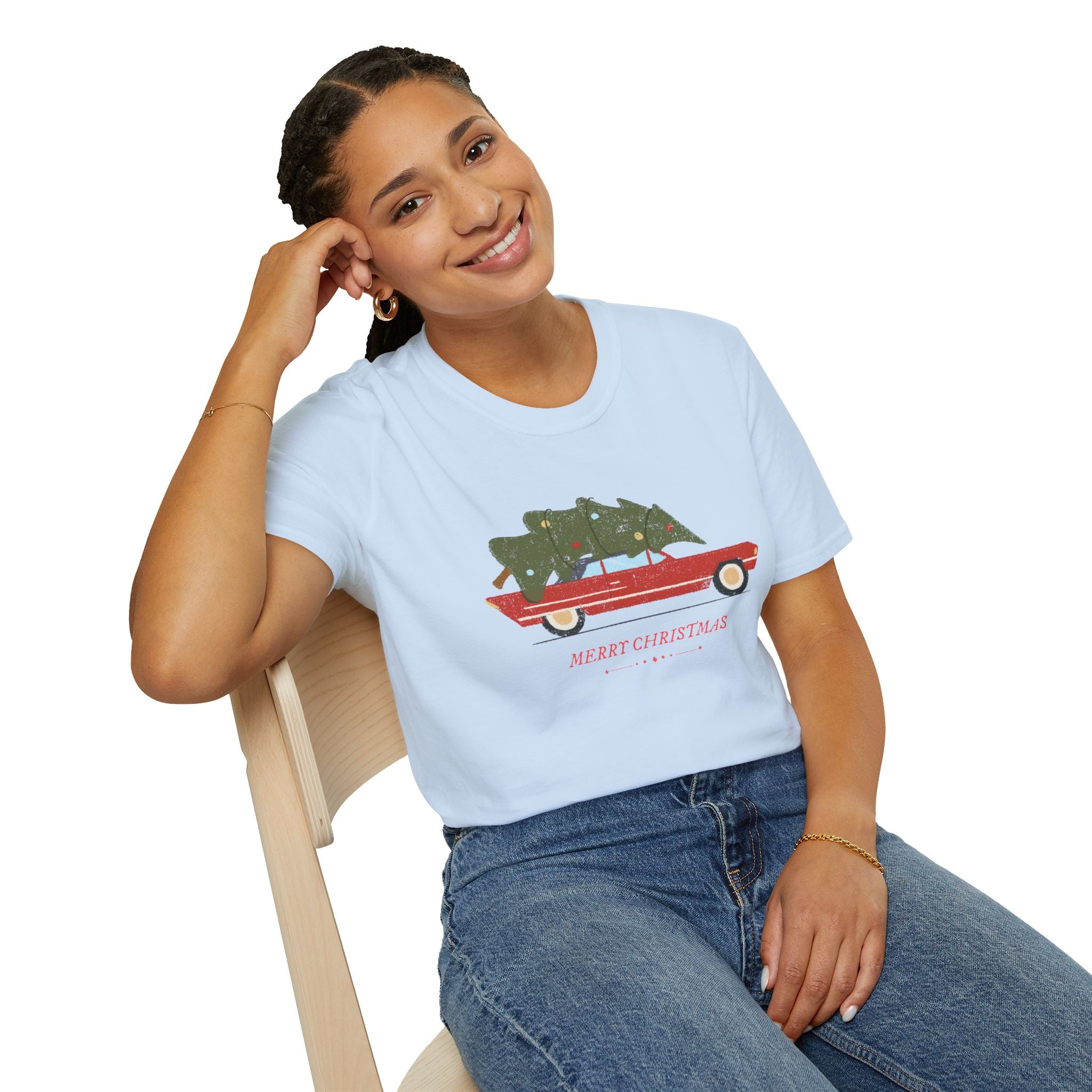 Retro Christmas Tree On Car - Unisex Softstyle T-Shirt