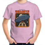 I Want To Believe, Alien UFO - Kids Youth T-Shirt Pink Kids Youth T-shirt Printed In Australia Sci Fi