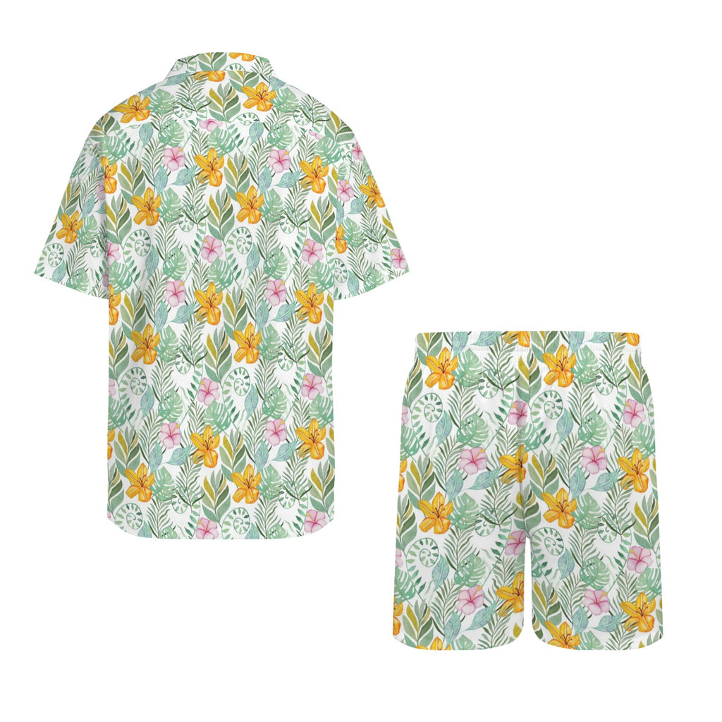 Tropical Flowers And Leaves Men's Hawaiian Shirt & Shorts Set Men's Hawaiian Shirt & Shorts Set Plants Printed Offshore