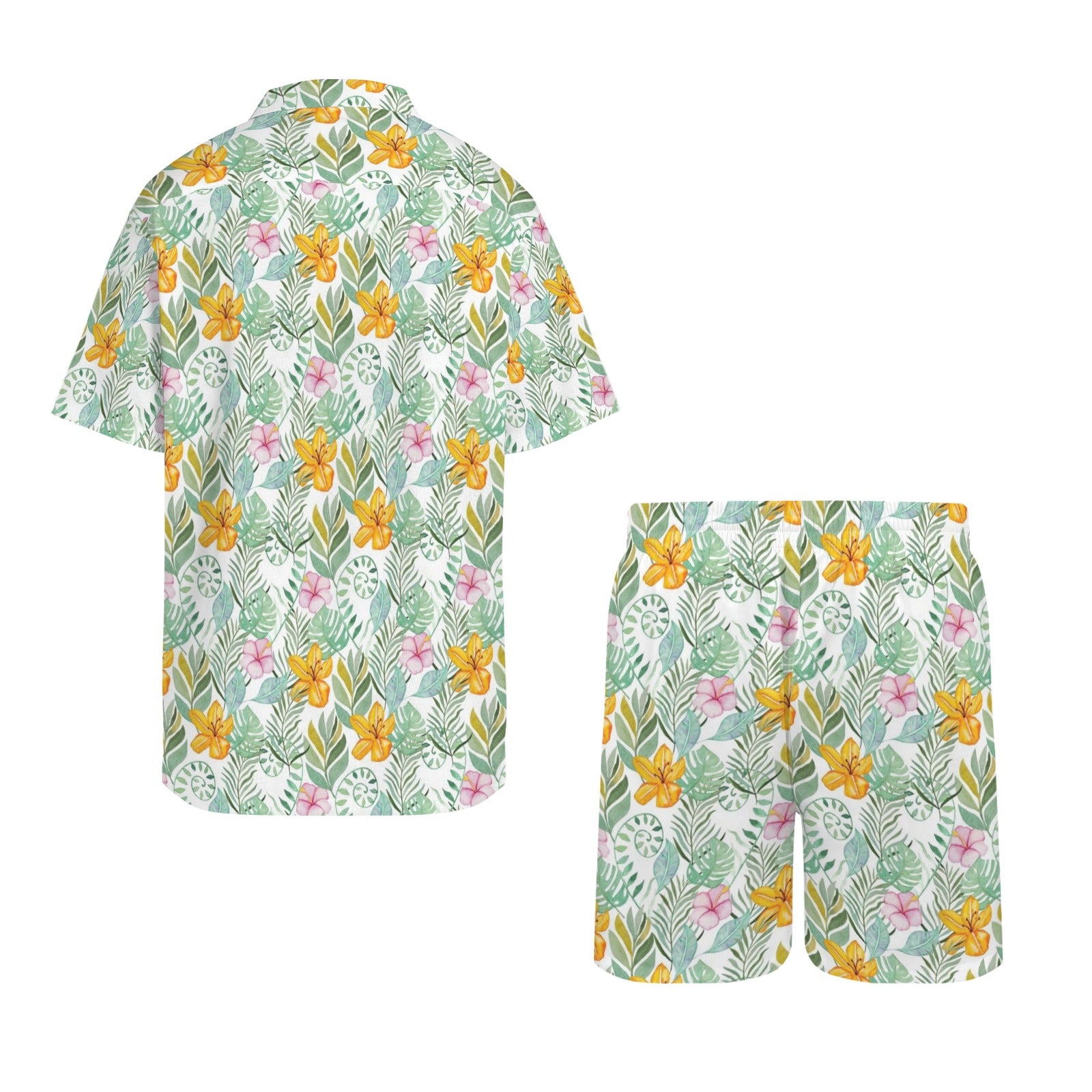 Tropical Flowers And Leaves Men's Hawaiian Shirt & Shorts Set Men's Hawaiian Shirt & Shorts Set Plants Printed Offshore