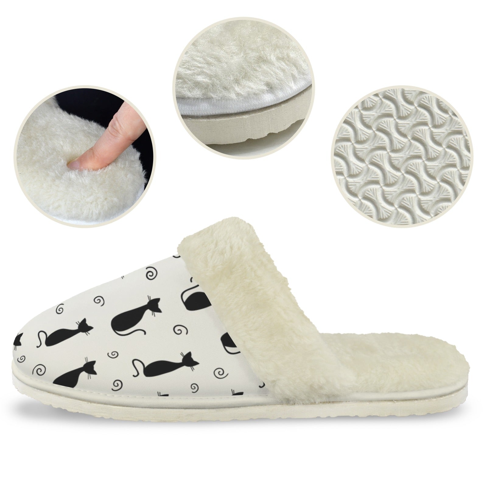 Black Cats Men's Fur Trim Thick-Sole Indoor Slippers Men's Fur Trimmed Slippers animal Printed Offshore