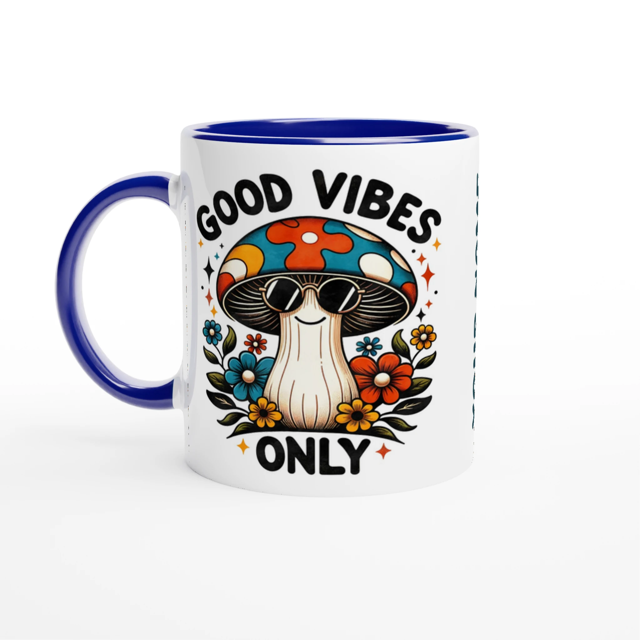 Personalised Good Vibes Only, Hippie Mushroom With Sunglasses 11oz Ceramic Mug Ceramic Blue Personalised 11oz Mug Globally Fulfilled Positivity