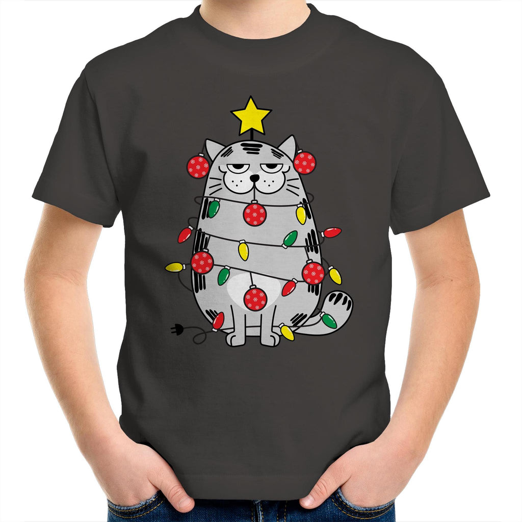 Christmas Cat - Kids Youth T-Shirt Charcoal Kids Christmas T-shirt Christmas Printed In Australia