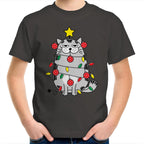 Christmas Cat - Kids Youth T-Shirt Charcoal Kids Christmas T-shirt Christmas Printed In Australia
