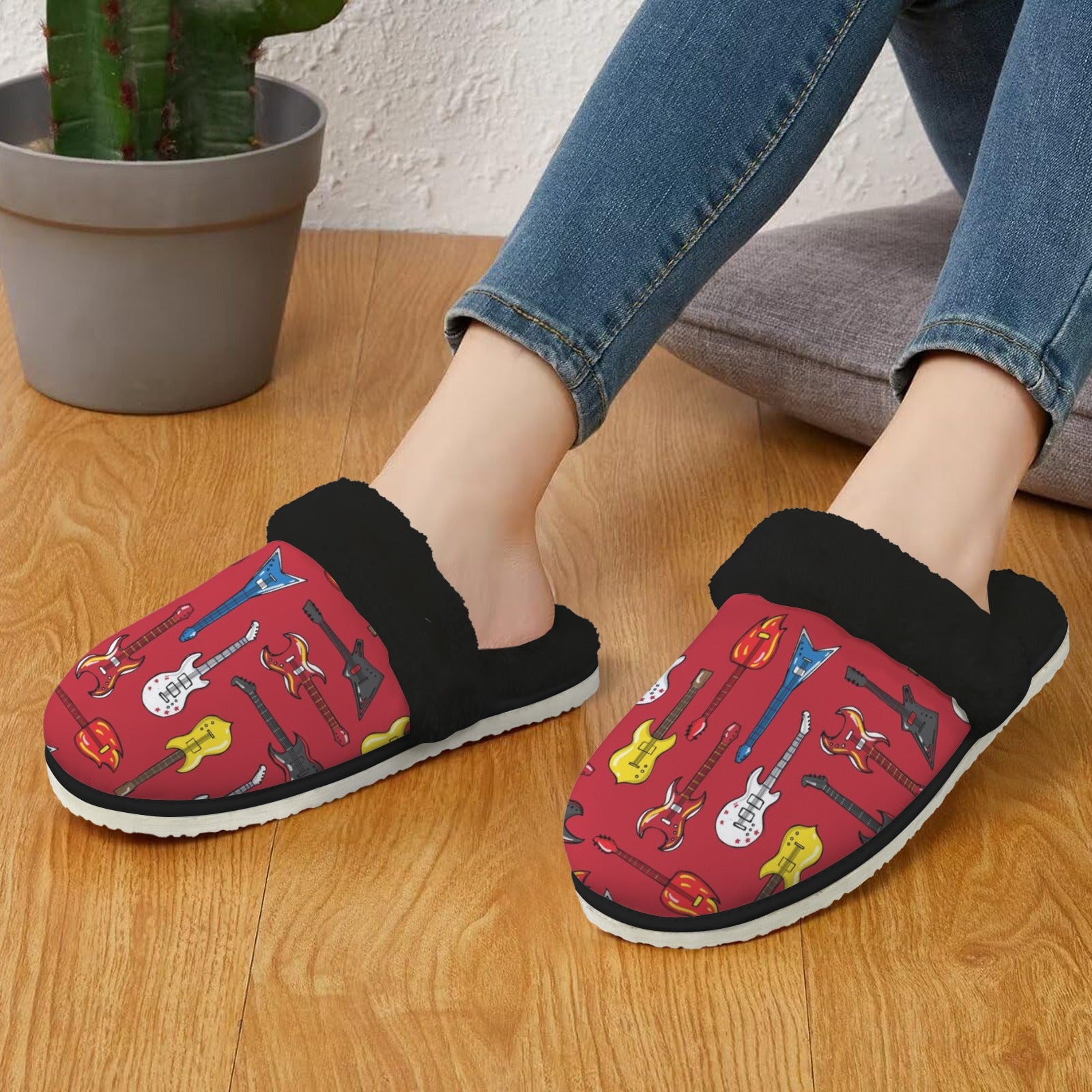 Guitars On Red Women's Fur Trim Thick-Sole Indoor Slippers Women's Fur Trimmed Slippers Music Printed Offshore