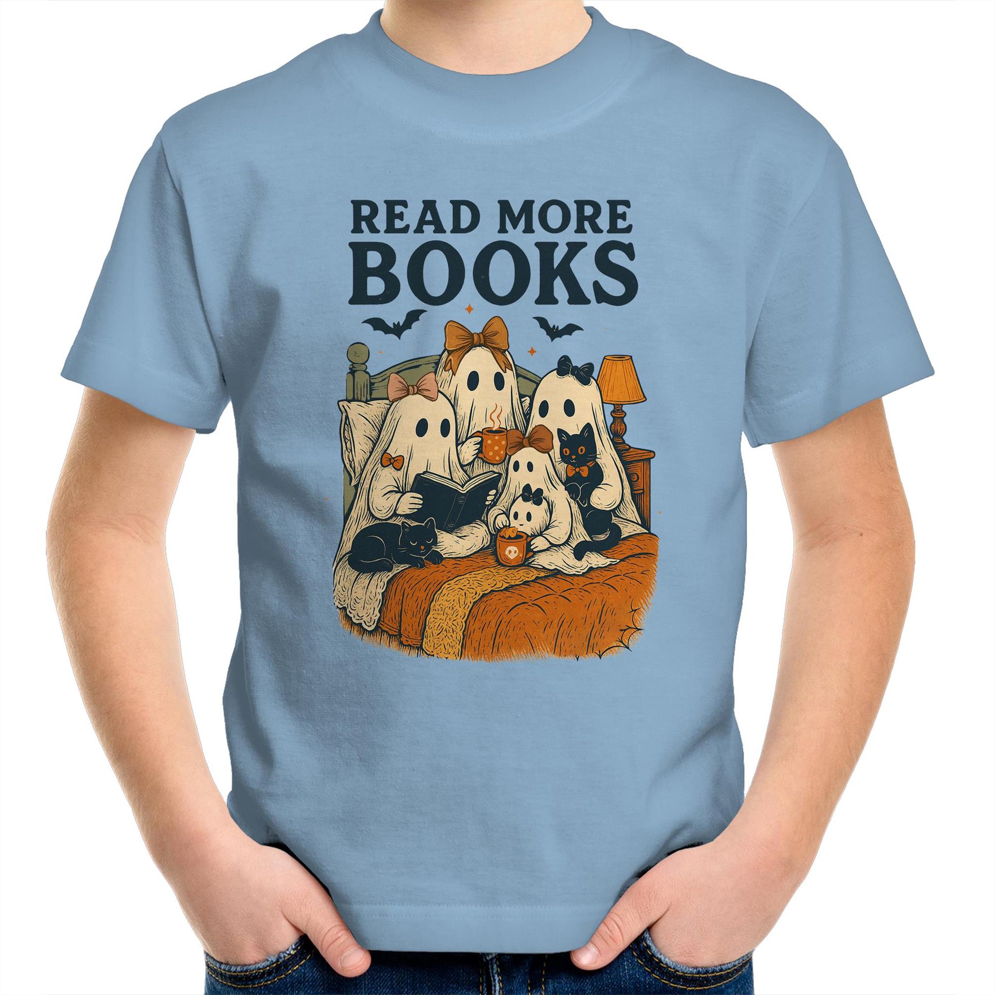 Read More Books, Halloween Ghosts - Kids Youth T-Shirt Carolina Blue Kids Youth T-shirt Halloween Printed In Australia Reading