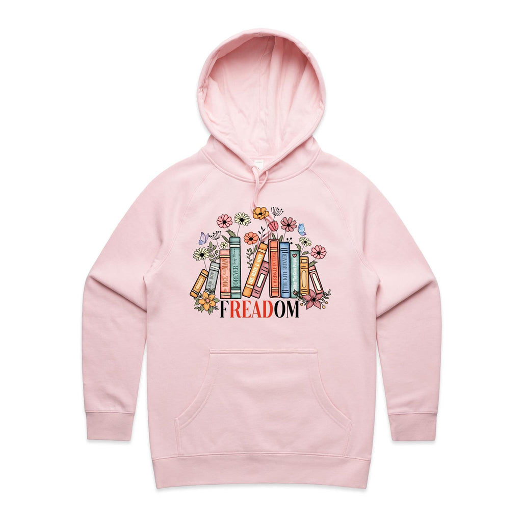 Freedom, Reading Books - Womens Hoodie Pink Womens Hoodie Printed In Australia Reading