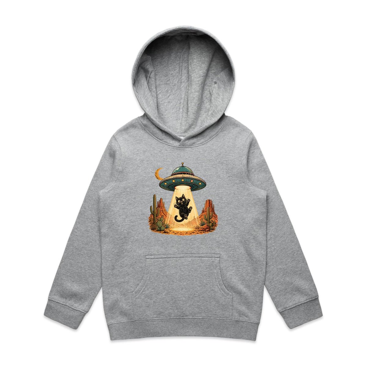 Black Cat Alien UFO Abduction Kids AS Colour Hoodie