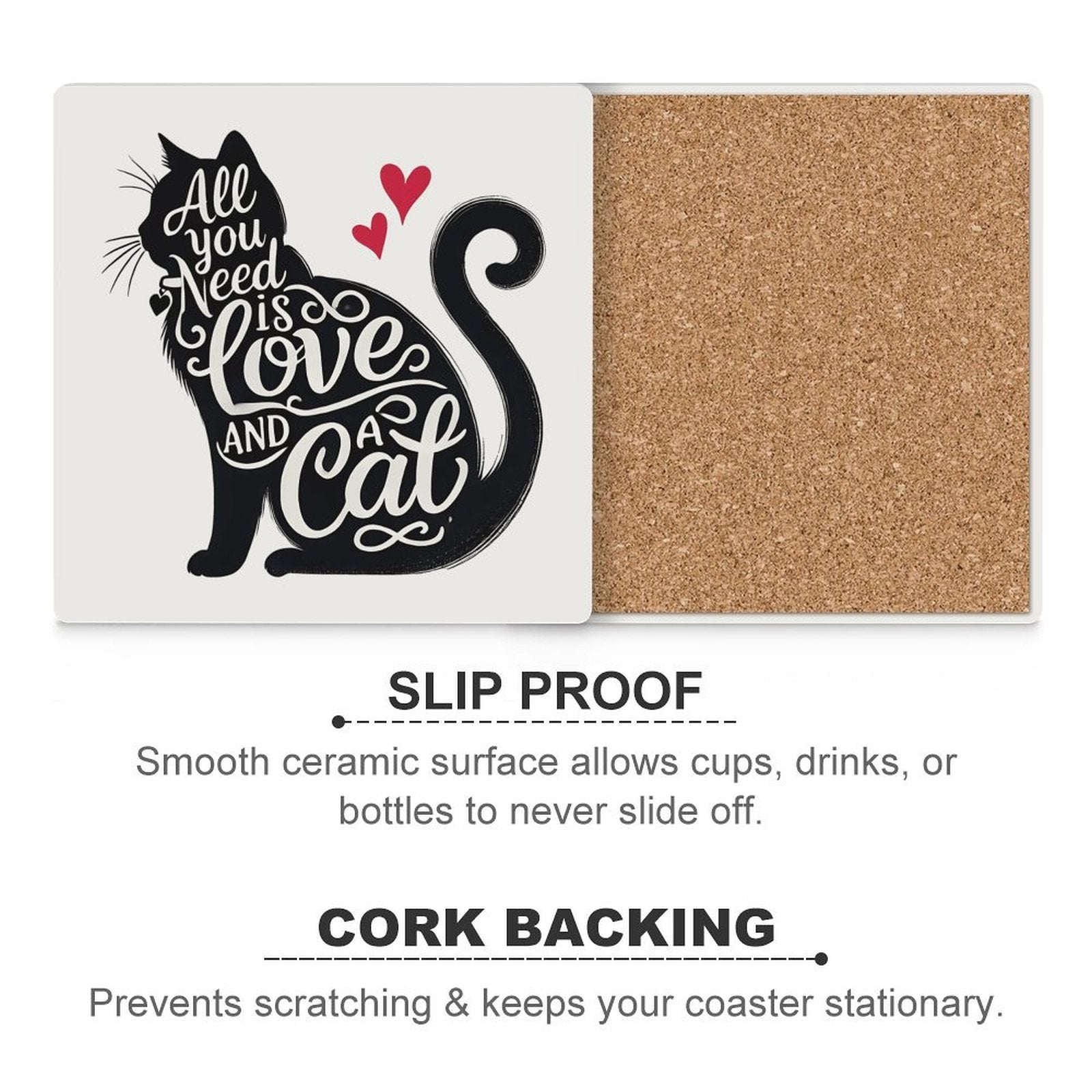 All You Need Is Love And A Cat Ceramic Coasters (Square) Ceramic Coasters animal Love Printed Offshore