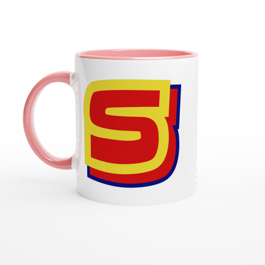 Personalised - Superhero Initial - White 11oz Ceramic Mug with Color Inside Ceramic Pink Personalised 11oz Mug customise Globally Fulfilled Name personalise