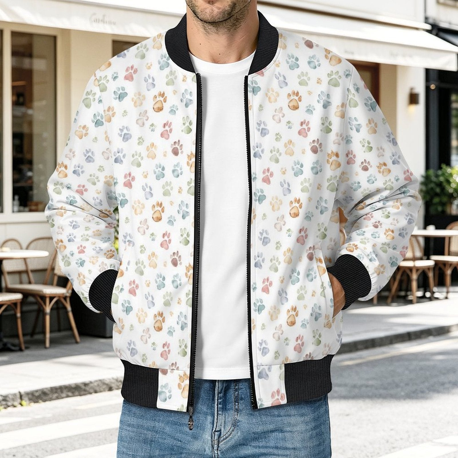 Paw Prints Men's Casual Zip‑Up Bomber Jacket