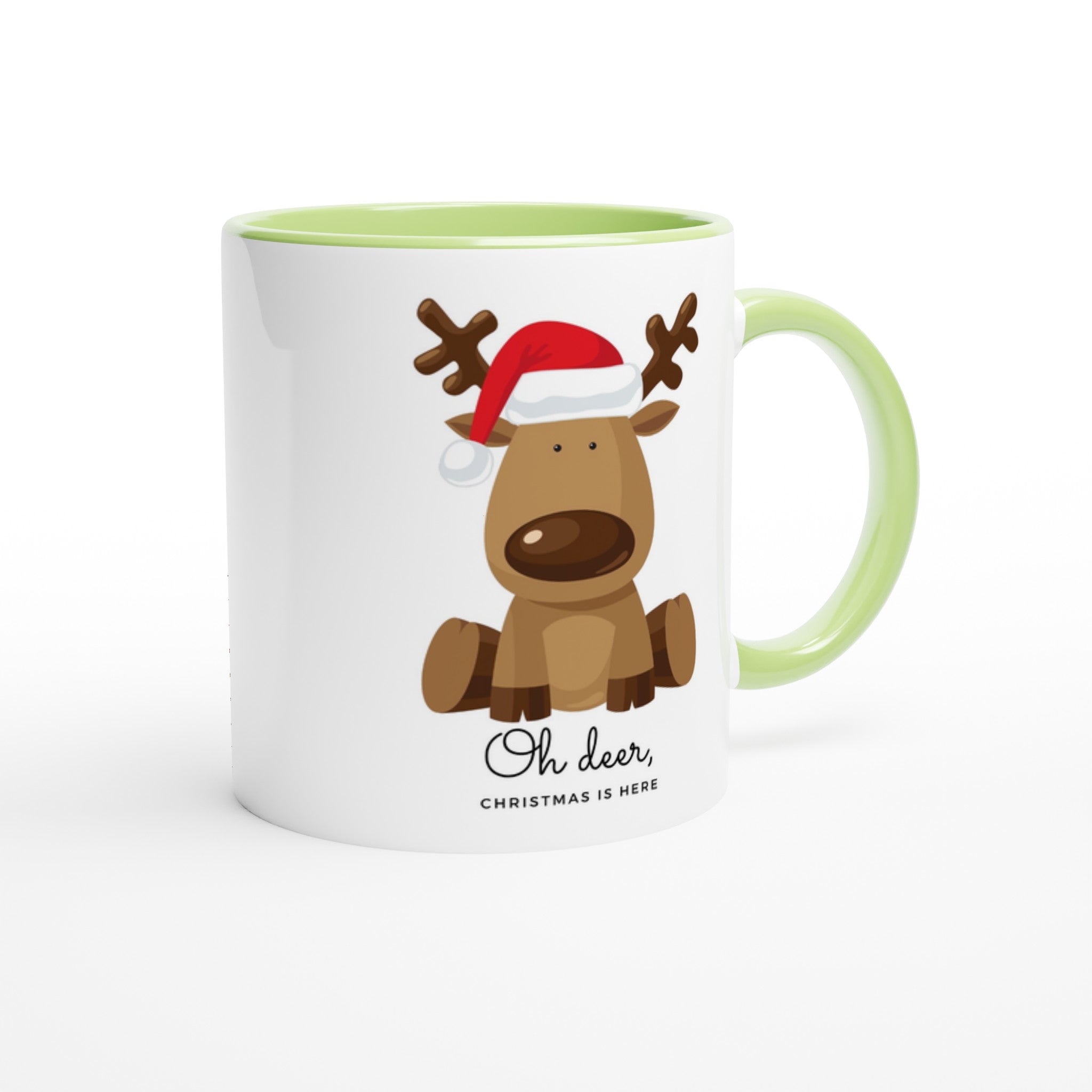 Oh Deer, Christmas Is Here - White 11oz Ceramic Mug with Colour Inside Christmas Colour Mug Christmas Globally Fulfilled