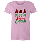 Christmas Gnomes, Seasons Greetings - Womens T-shirt Pink Womens Christmas T-shirt Christmas Printed In Australia