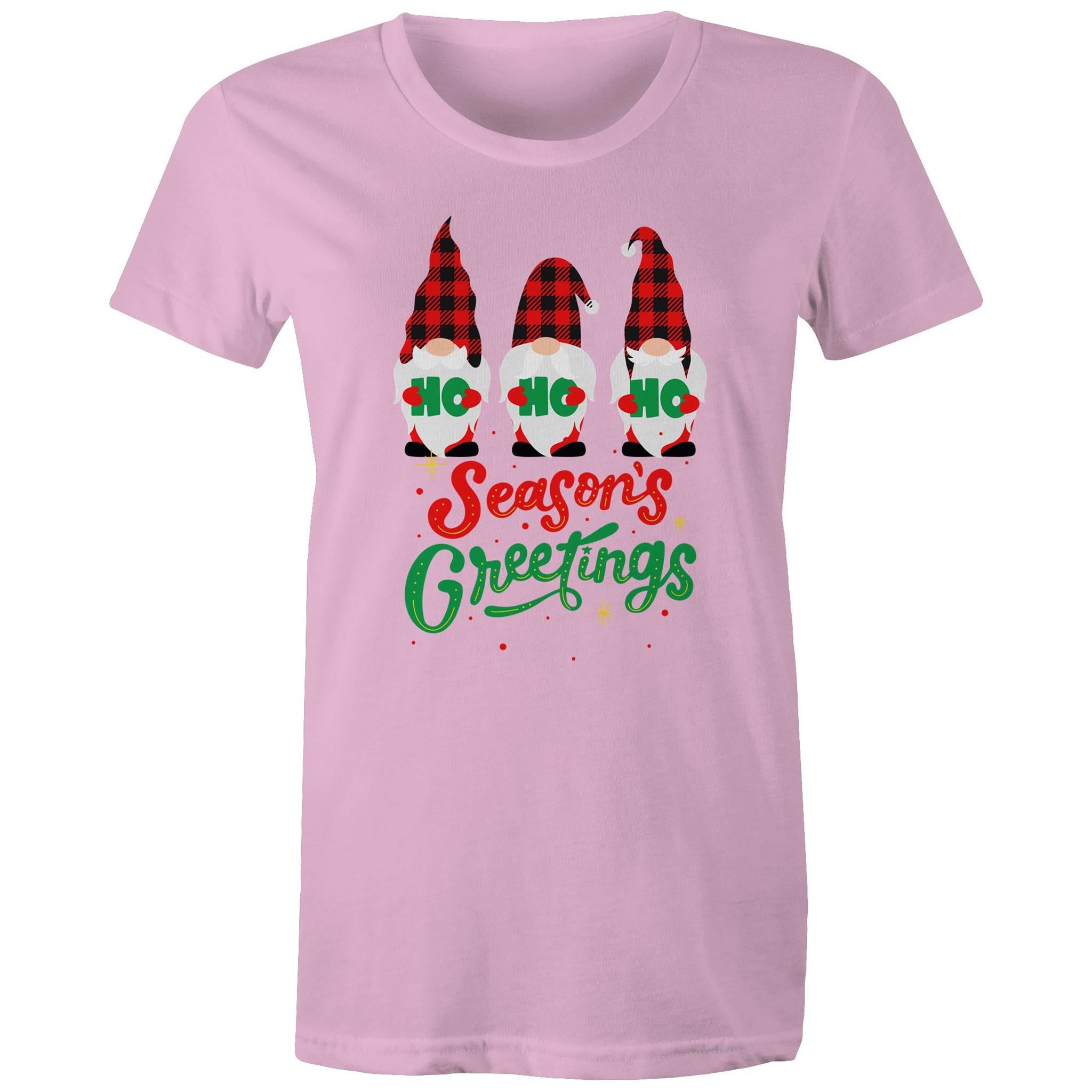 Christmas Gnomes, Seasons Greetings - Womens T-shirt Pink Womens Christmas T-shirt Christmas Printed In Australia