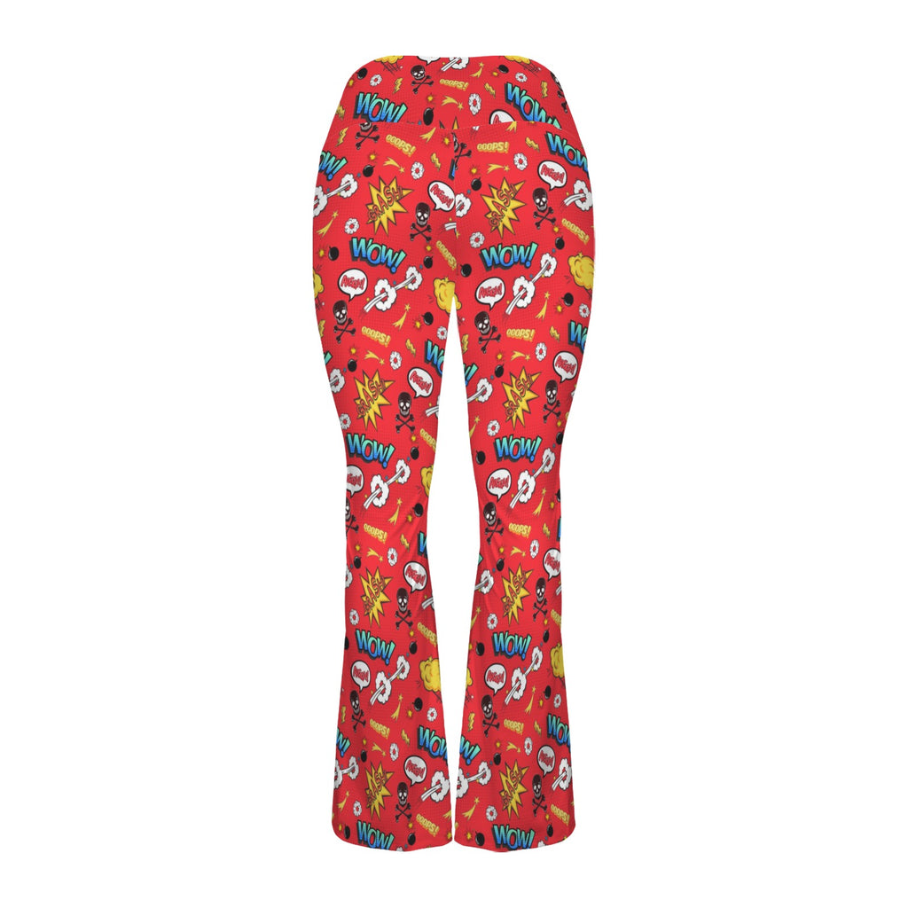 Comic Book Red High Waist Crossover Tummy Control Flare Leggings High Waist Flare Leggings comic Printed Offshore
