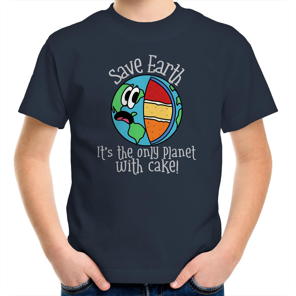 Save Earth, It's The Only Planet With Cake - Kids Youth T-Shirt Navy Kids Youth T-shirt Environment Food Funny Printed In Australia