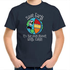 Save Earth, It's The Only Planet With Cake - Kids Youth T-Shirt Navy Kids Youth T-shirt Environment Food Funny Printed In Australia