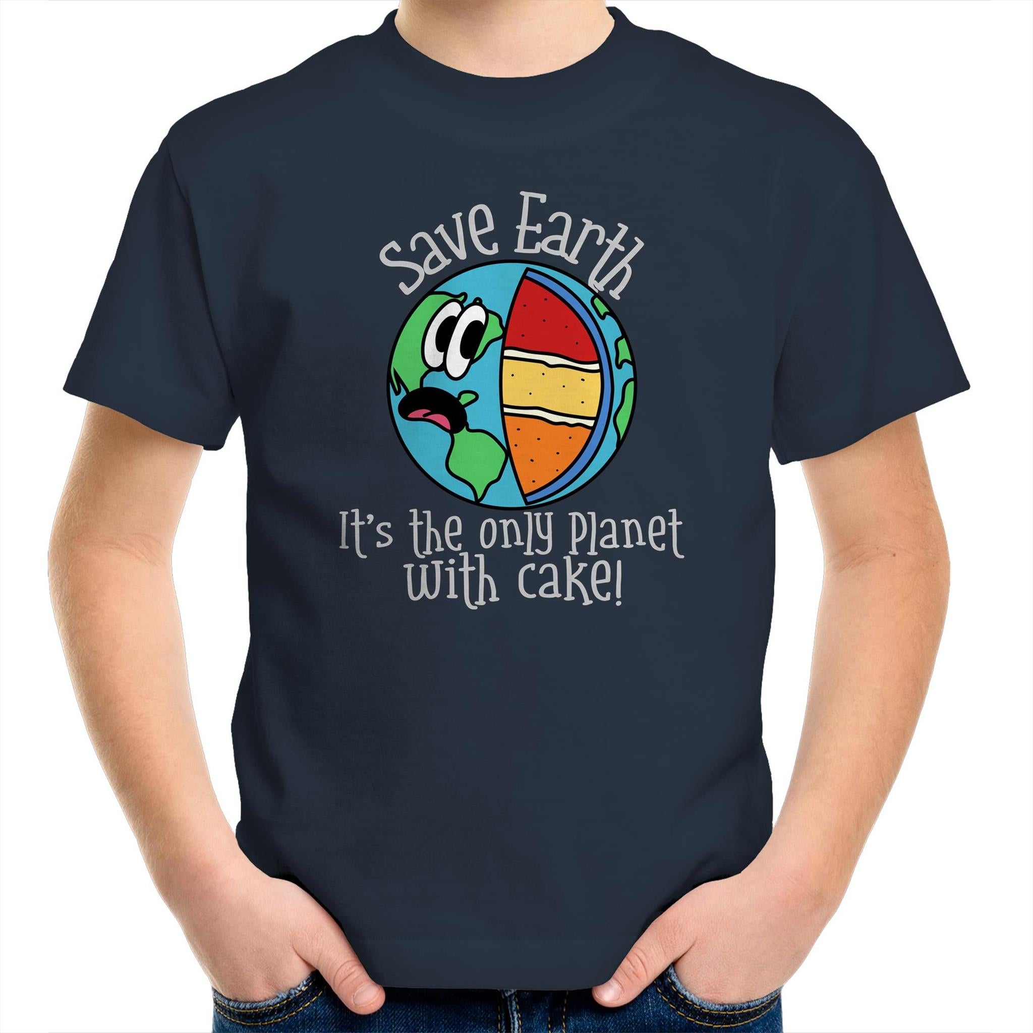Save Earth, It's The Only Planet With Cake - Kids Youth T-Shirt Navy Kids Youth T-shirt Environment Food Funny Printed In Australia