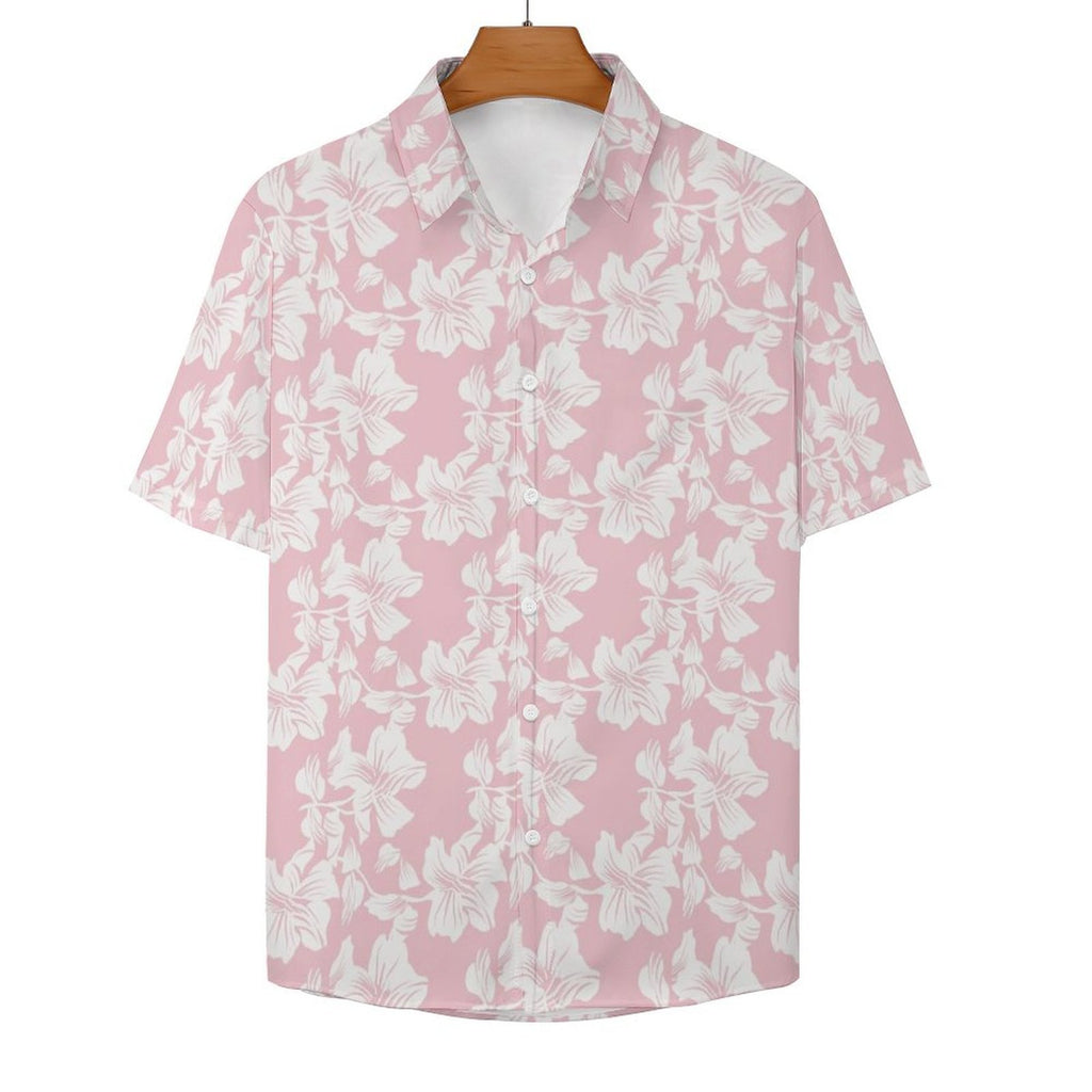 Pink Hawaiian Floral Women's Collared Pocketless Short Sleeve Shirt