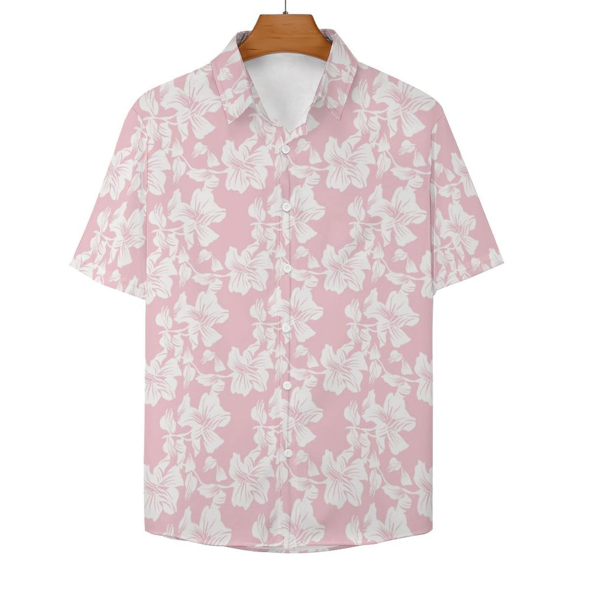 Pink Hawaiian Floral Women's Collared Pocketless Short Sleeve Shirt