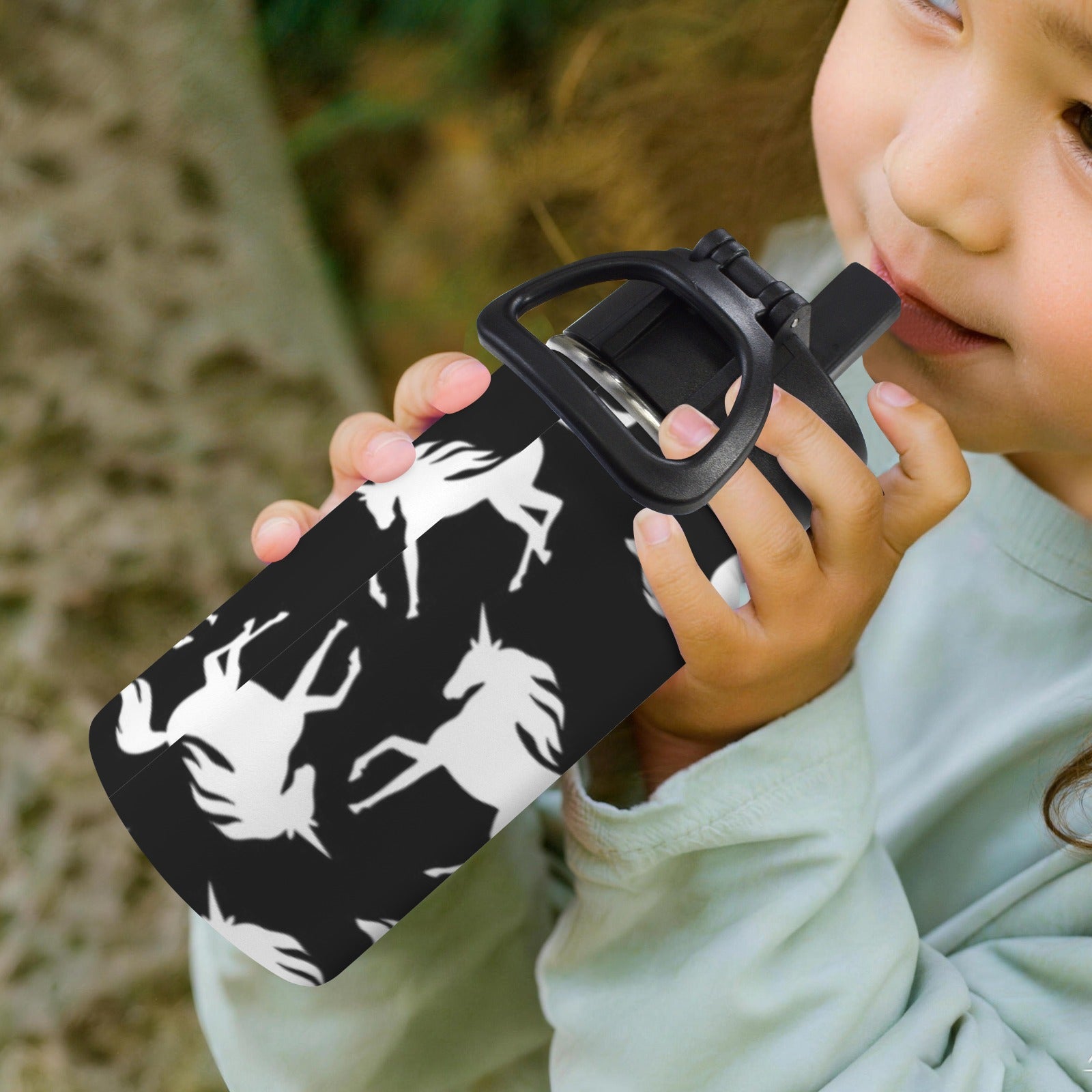 Black And White Unicorn - 12oz Kids Water Bottle with Straw Lid