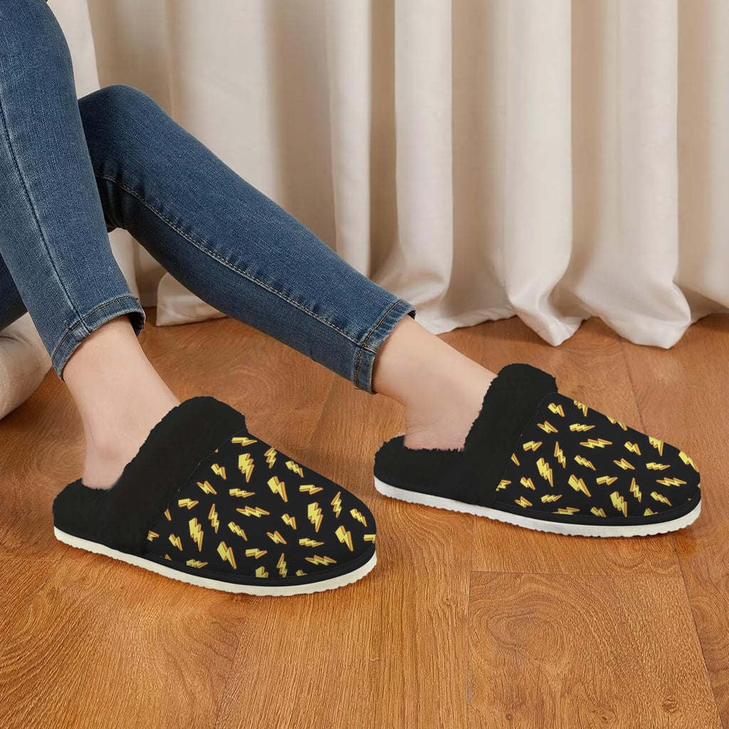 Lightning Bolts Women's Fur Trim Thick-Sole Indoor Slippers Women's Fur Trimmed Slippers comic Printed Offshore