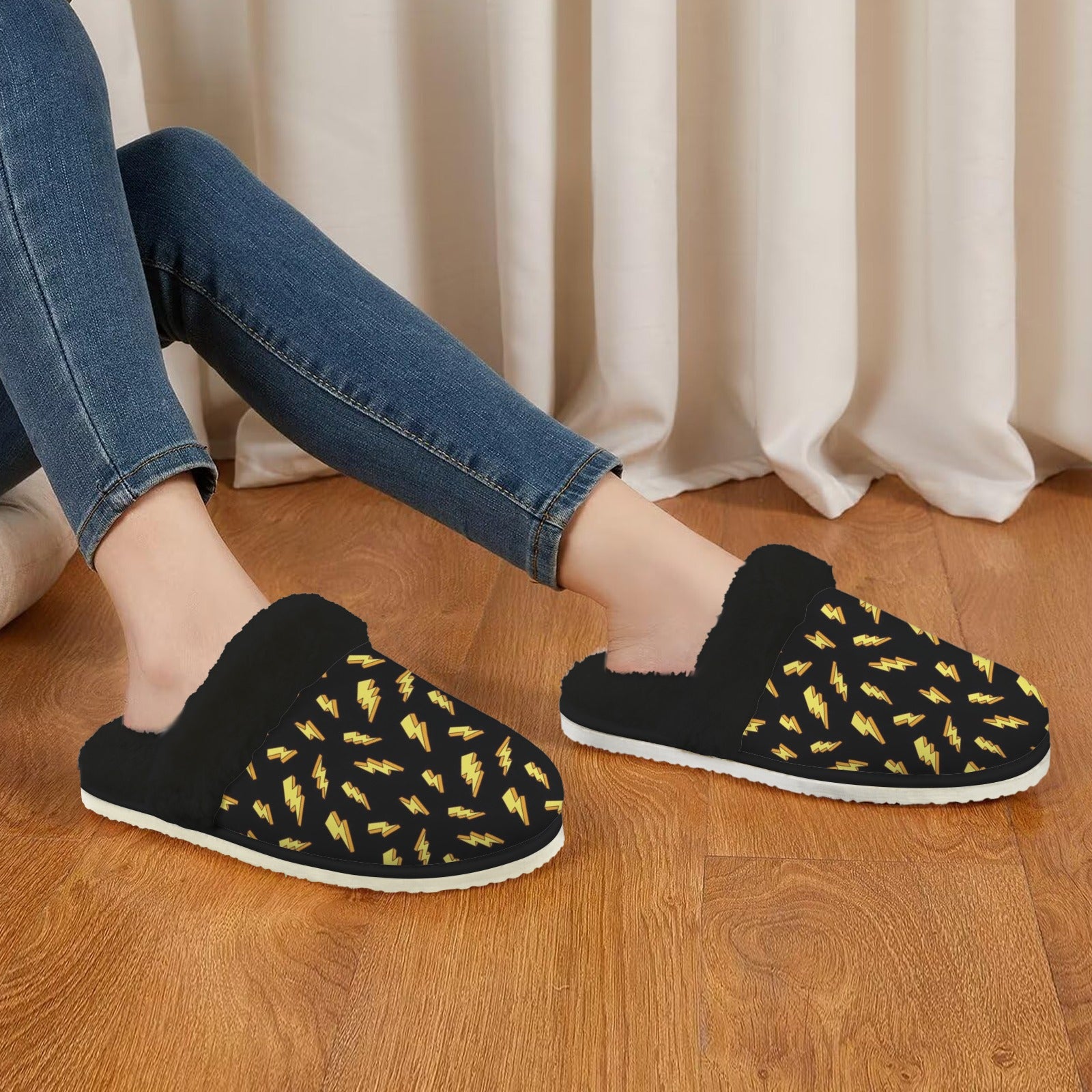 Lightning Bolts Women's Fur Trim Thick-Sole Indoor Slippers Women's Fur Trimmed Slippers comic Printed Offshore
