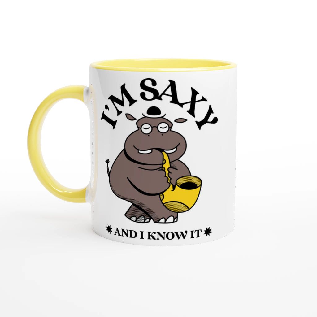 I'm Saxy And I Know It, Saxophone Hippo - White 11oz Ceramic Mug with Colour Inside Ceramic Yellow Colour 11oz Mug animal Globally Fulfilled Music