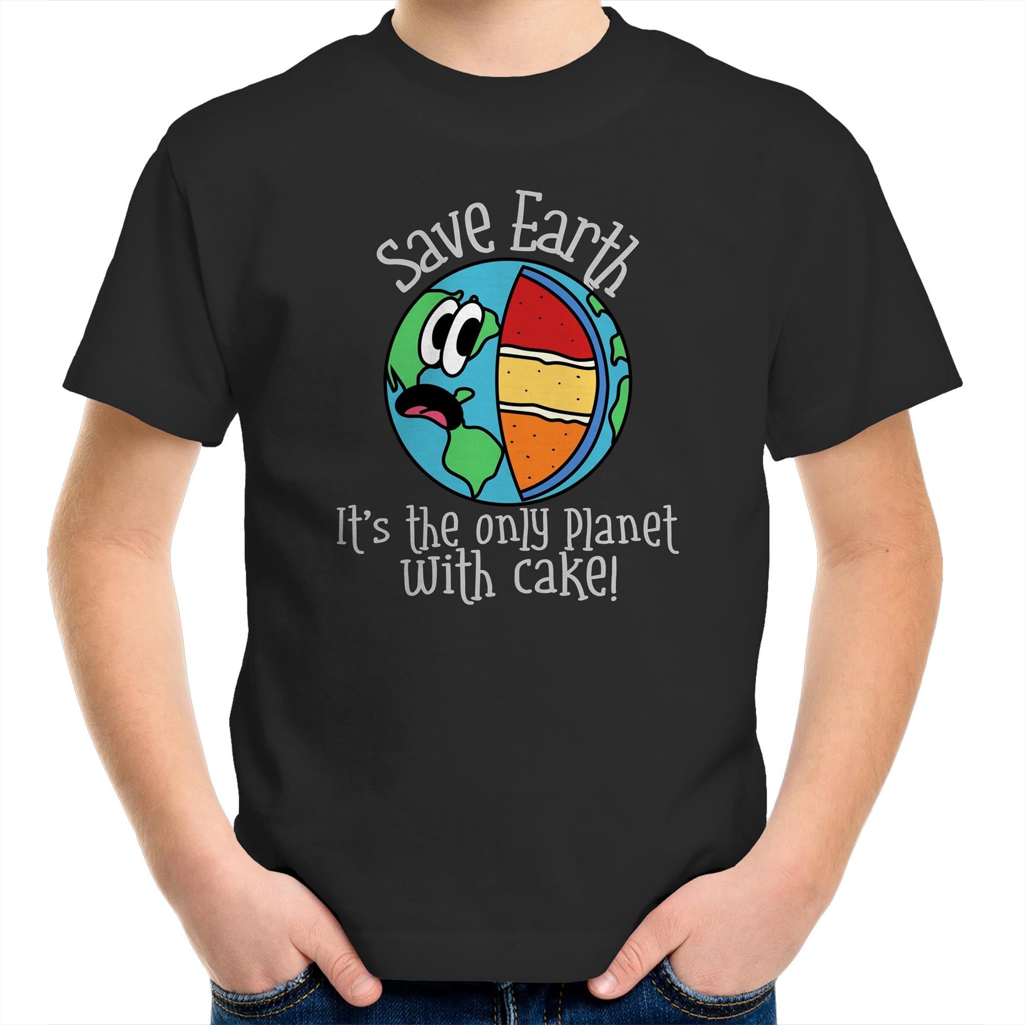 Save Earth, It's The Only Planet With Cake - Kids Youth T-Shirt Black Kids Youth T-shirt Environment Food Funny Printed In Australia