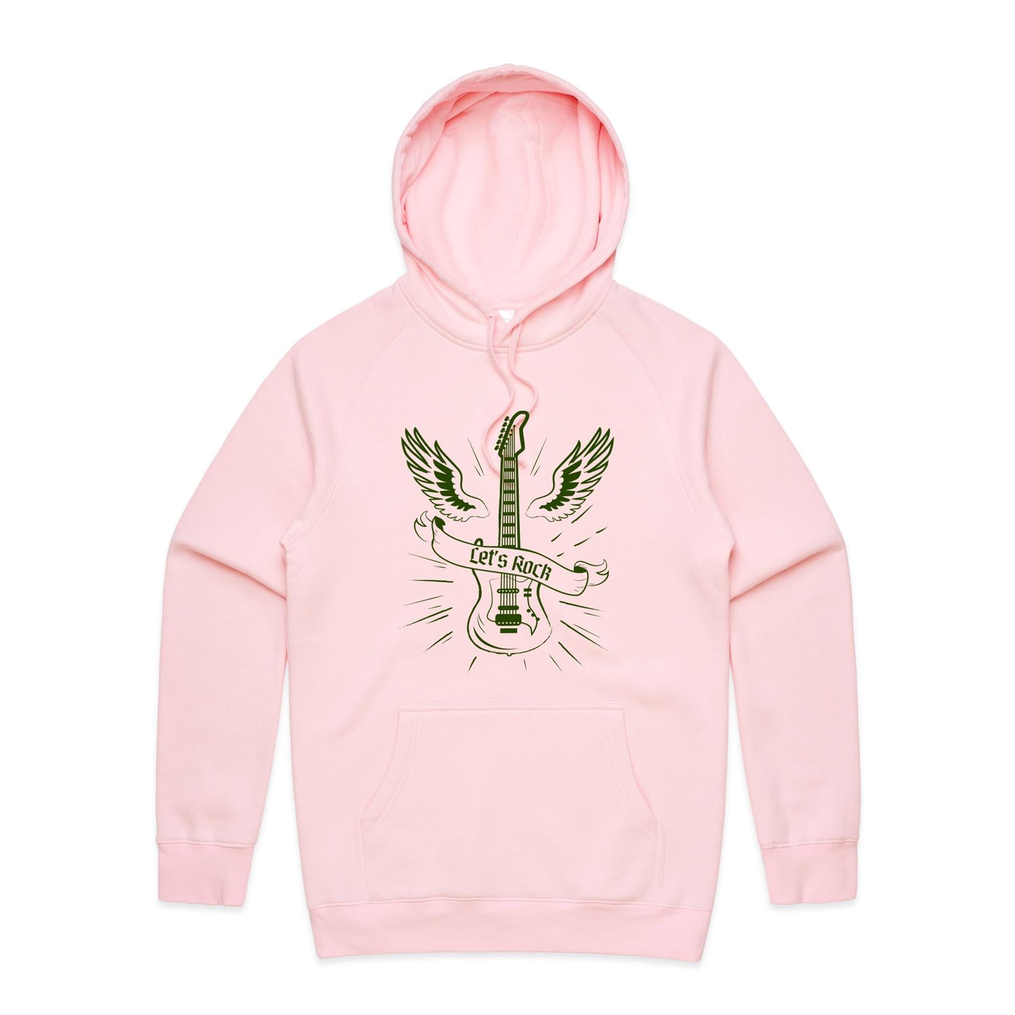 Guitar, Let's Rock - Mens Hoodie Pink Mens Hoodie Music Printed In Australia