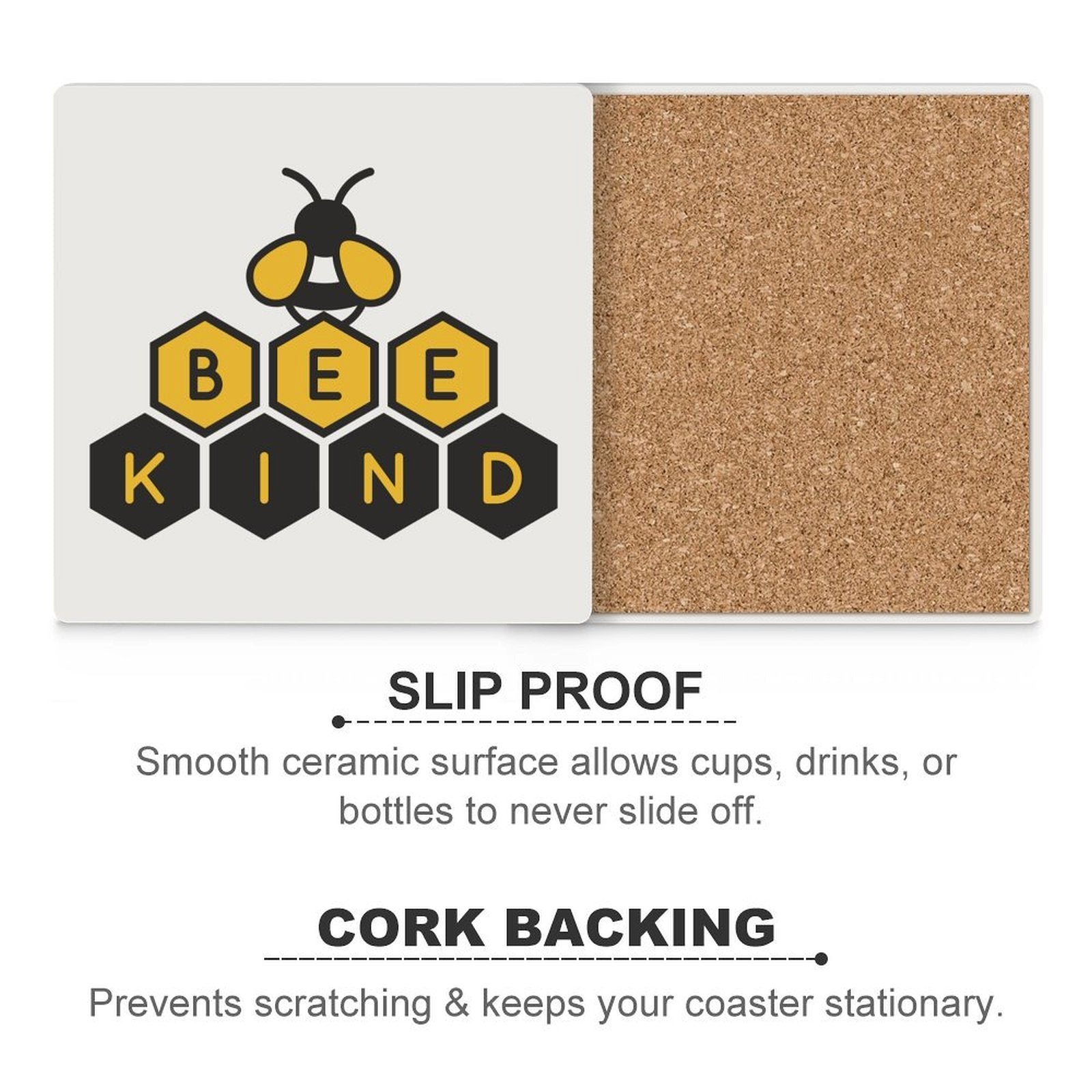 Bee Kind Ceramic Coasters (Square) Ceramic Coasters Kindness Printed Offshore