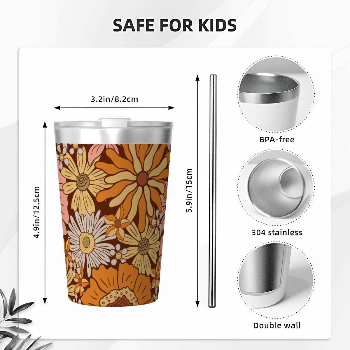 Orange Retro Floral Small Stainless Steel Travel Mug Cup 12oz/350ml