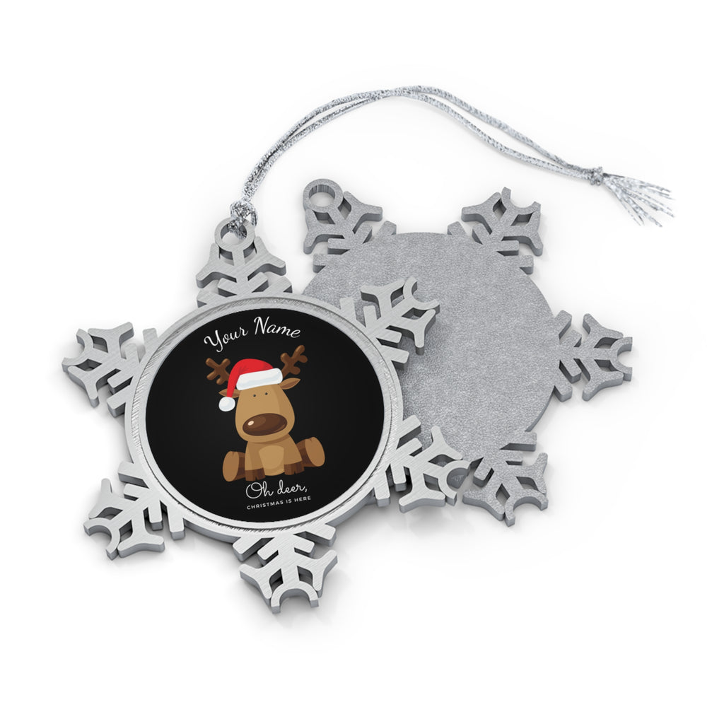 Personalised - Oh Deer, Christmas Is Here - Christmas Pewter Snowflake Ornament