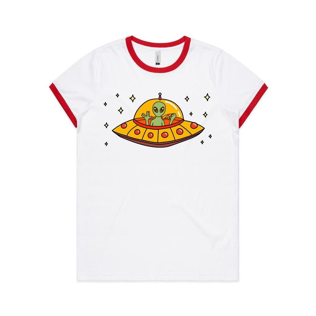Alien Pizza - Women's Ringer Tee White Red Womens Ringer T-shirt Food Printed In Australia Sci Fi