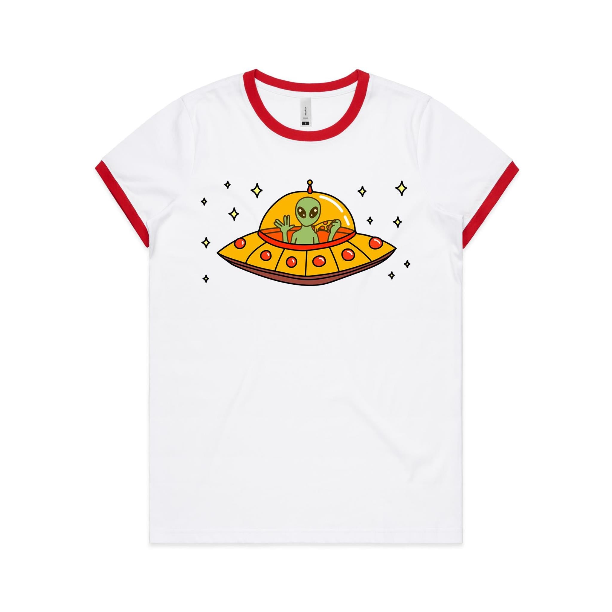 Alien Pizza - Women's Ringer Tee White Red Womens Ringer T-shirt Food Printed In Australia Sci Fi