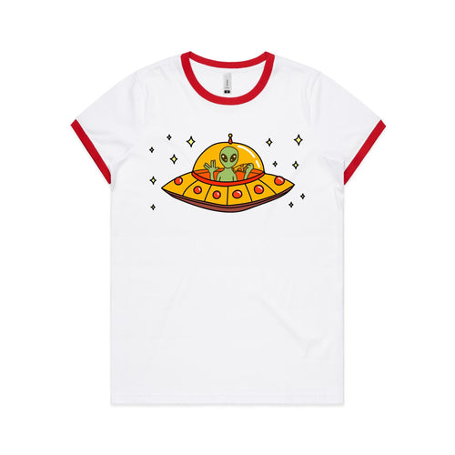 Alien Pizza - Women's Ringer Tee White Red Womens Ringer T-shirt Food Printed In Australia Sci Fi