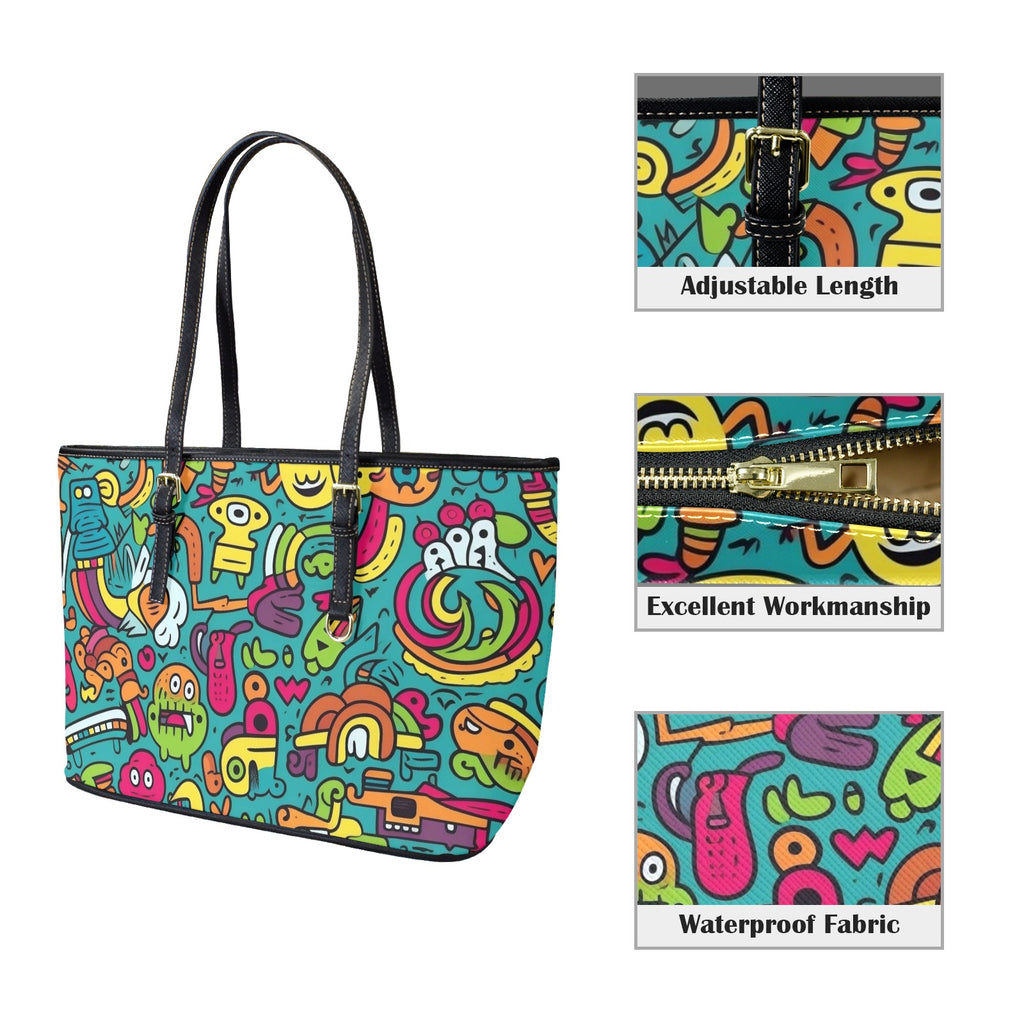 Crazy Characters - Leather Tote Bag-Large