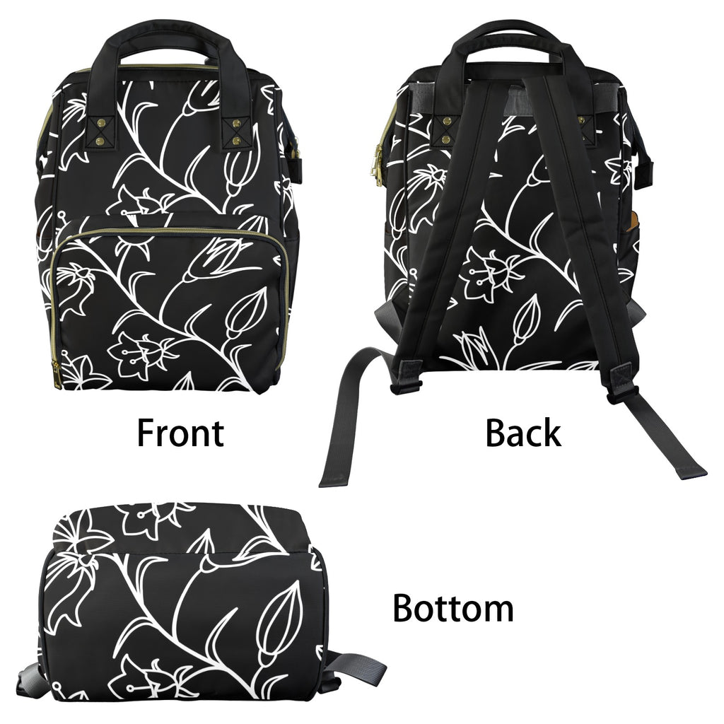 Black And White Floral - Multi-Function Backpack, Nappy / Diaper Bag
