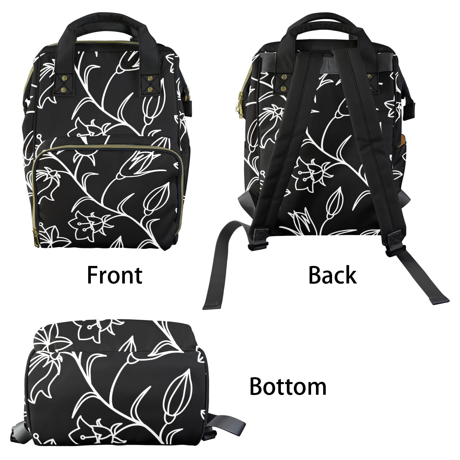 Black And White Floral - Multi-Function Backpack, Nappy / Diaper Bag