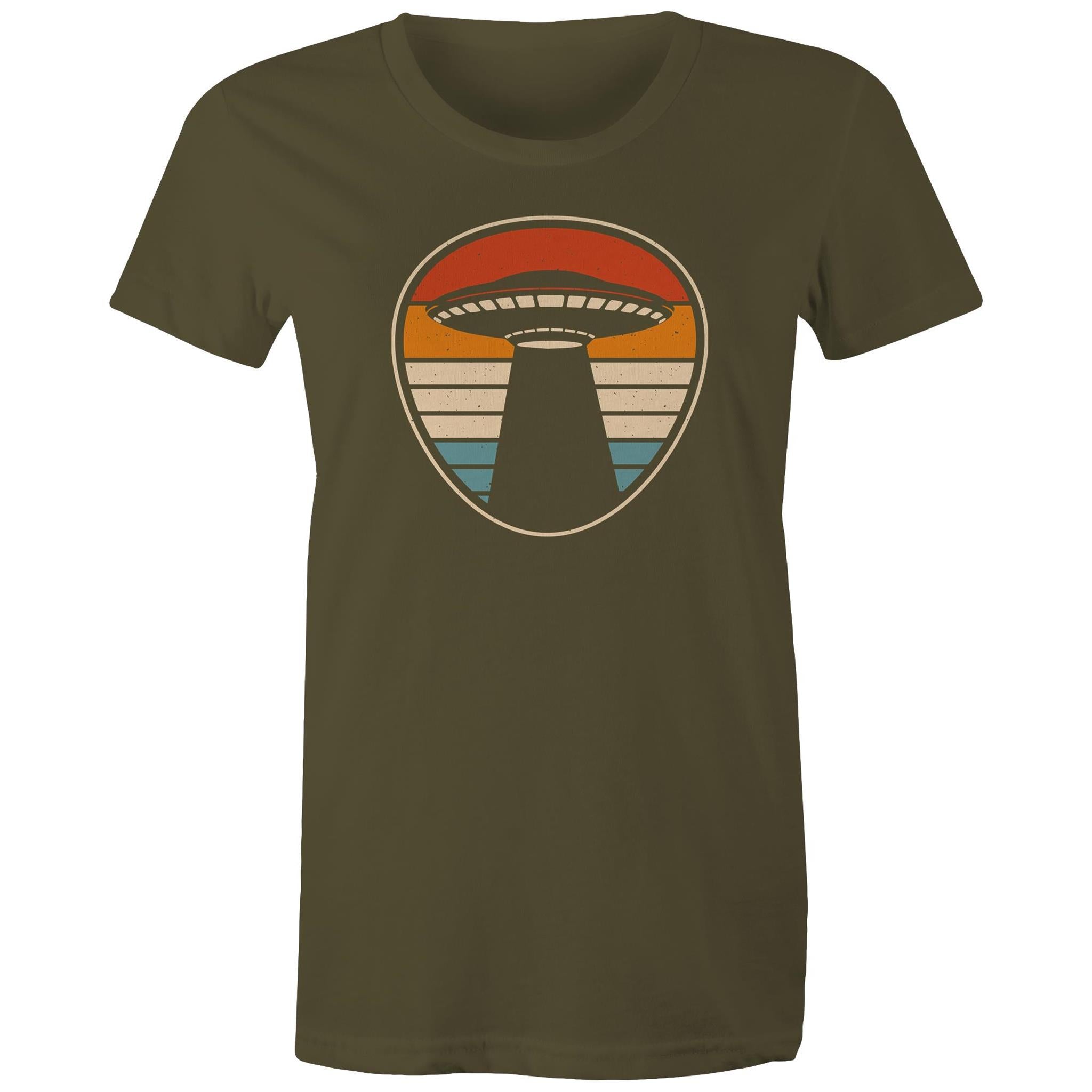 UFO, Retro Stripes - Womens T-shirt Army Womens T-shirt Printed In Australia