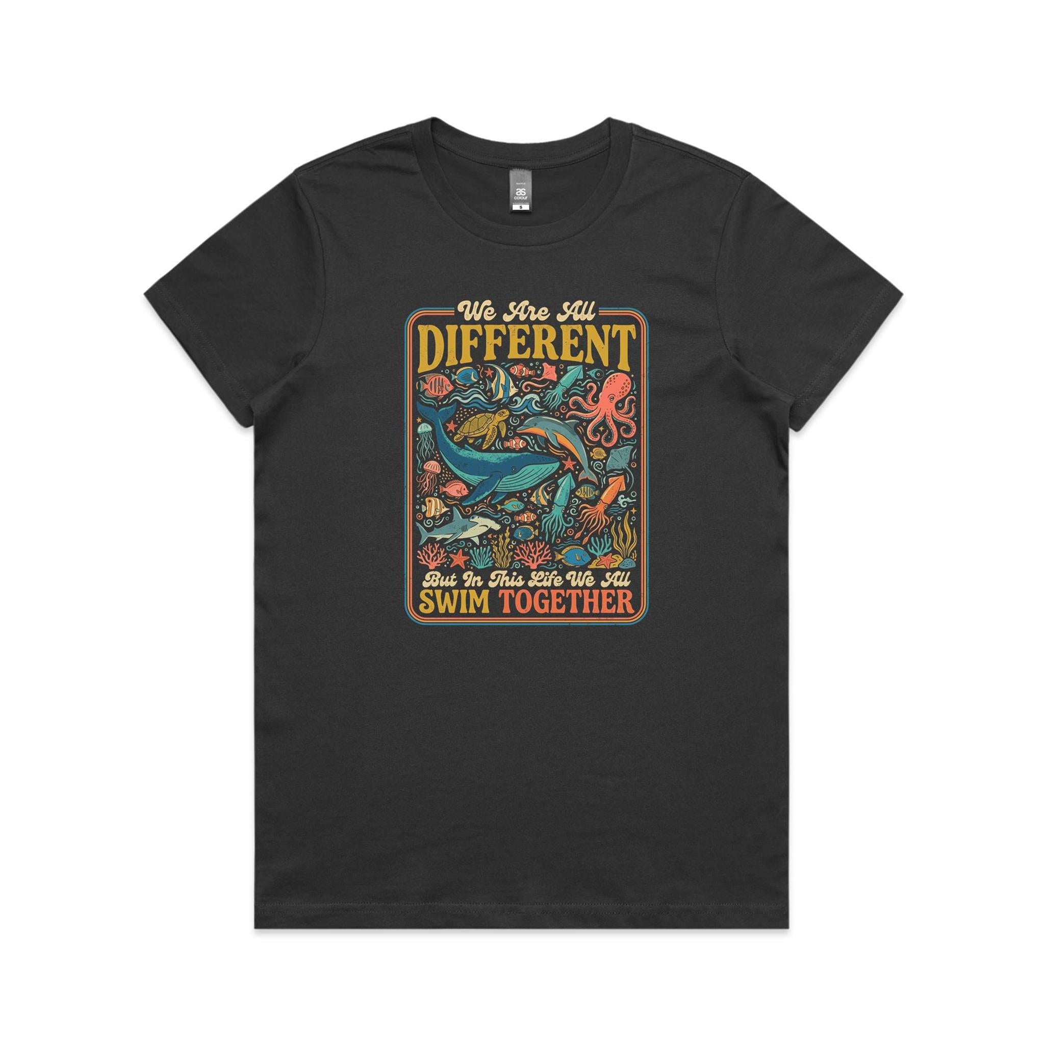 We Are All Different, But We All Swim Together - Women's AS Colour T-shirt Coal Womens T-shirt animal Ocean Positivity Printed In Australia