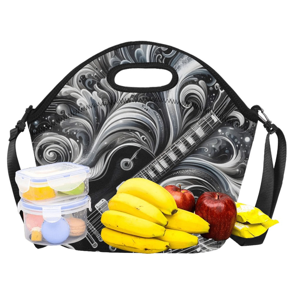 Guitar Black Swirl Neoprene Lunch Bag/Large (Model 1669) Neoprene Lunch Bag Music Printed Offshore
