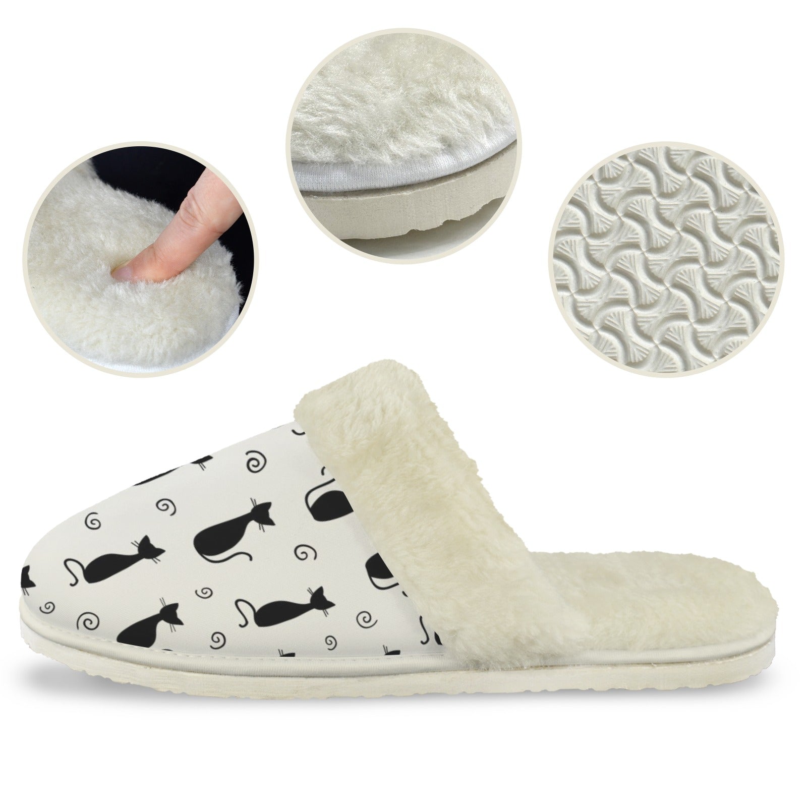 Black Cats Women's Fur Trim Thick-Sole Indoor Slippers Women's Fur Trimmed Slippers animal Printed Offshore