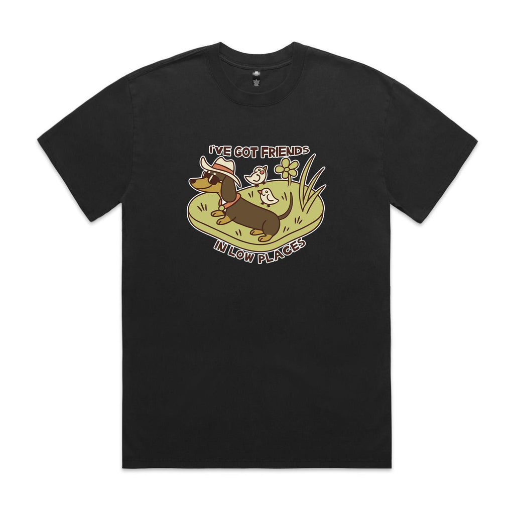 Dachshund, I've Got Friends In Low Places AS Colour Heavy Faded Tee Unisex Faded Black Heavy Faded T-shirt animal Printed In Australia