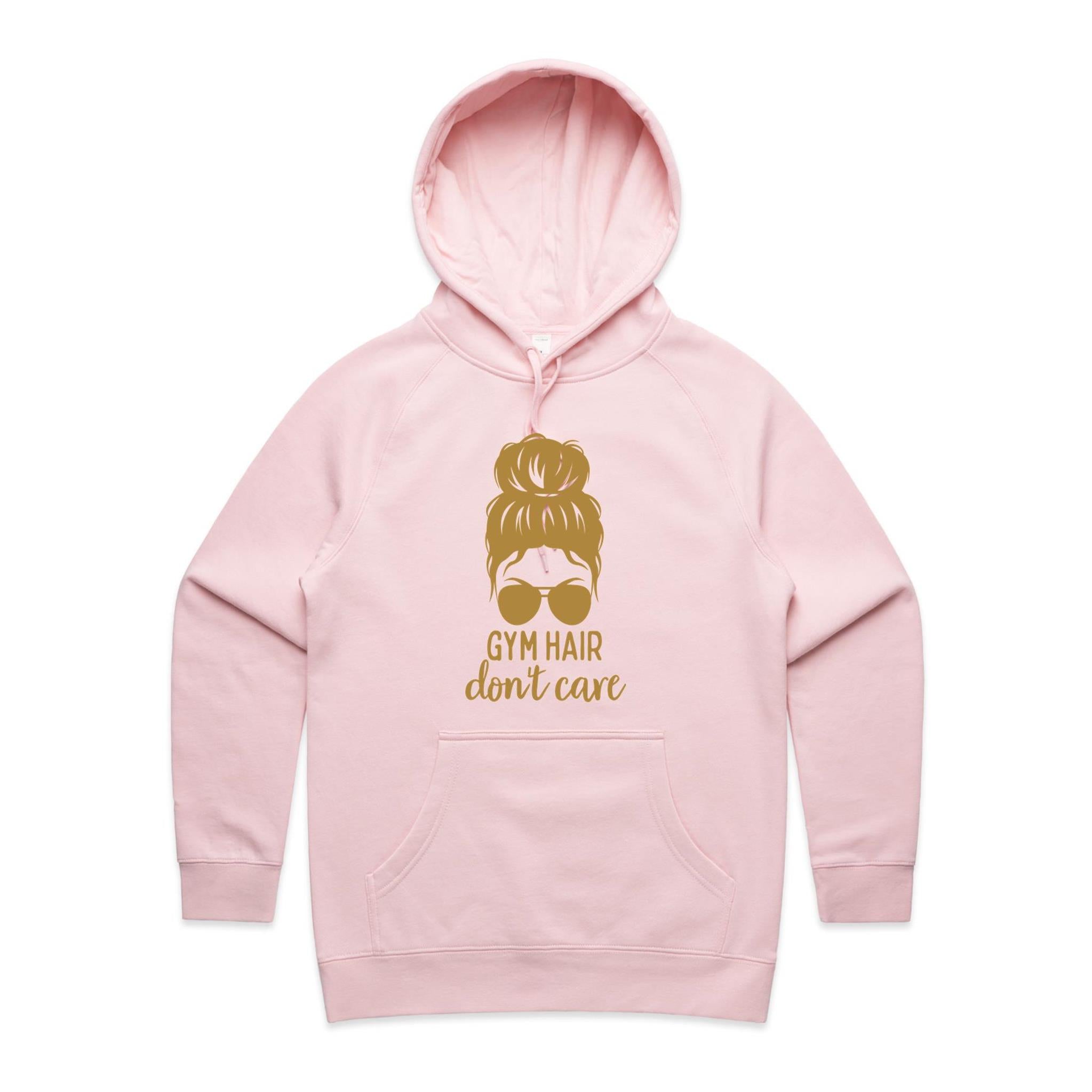 Gym Hair, Don't Care - Womens Hoodie Pink Womens Hoodie Fitness Printed In Australia