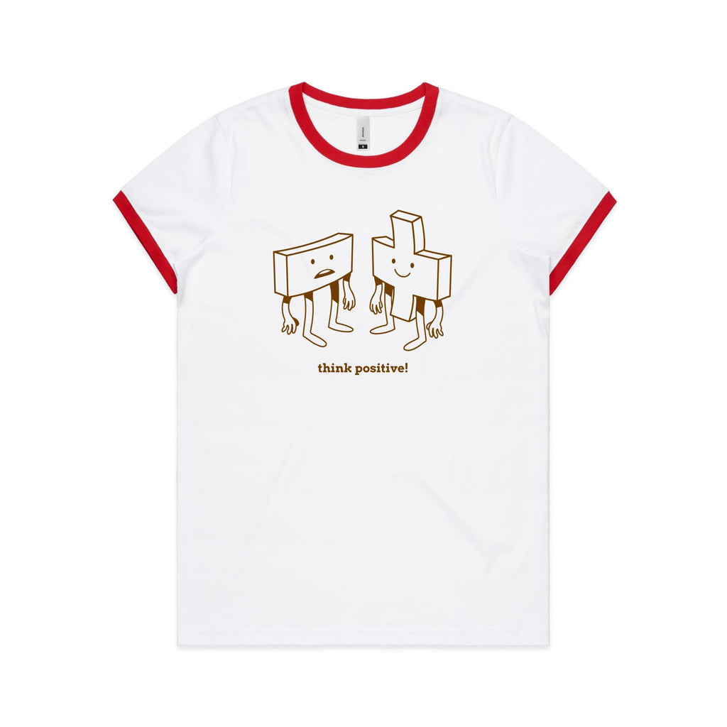 Think Positive, Maths - Women's Ringer Tee White Red Womens Ringer T-shirt Maths Positivity Printed In Australia